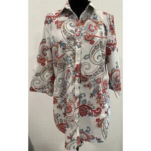 Chico’s No Iron Paisley Button Down Shirt 3/4 Sleeves Size Large